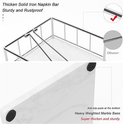 Livabber Flat Napkin Holder, Metal Kitchen Napkin Storage with Weighted Tension Arm Rustic Tissue Paper Dispenser for Countertop, Table Kitchen, Dining Room (With Marble Base, Chrome)