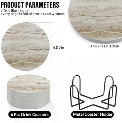 Ceramic Coasters Set of 6, Marble-Textured Design with Holder - Absorbent Cork-Backed Coasters for Cups, Bar & Coffee Table Decor Accessories (Khaki Marble, 6 Pack)