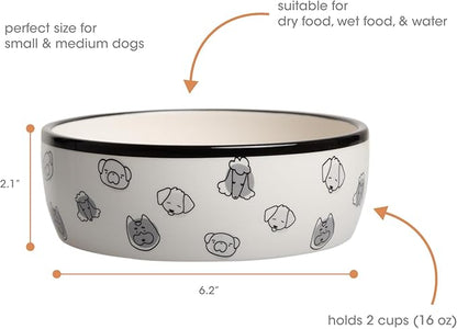 Pearhead Ceramic Dog Faces Dog Bowl, Holds 2 Cups, Stoneware Food and Water Dish for Dogs up to 20 lbs, Heavy Non-Slip Base, Small/Medium