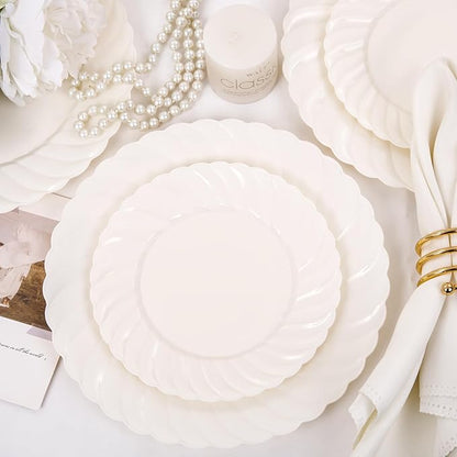 U-QE 100 Piece Ivory Scalloped Plastic Plates for Party - Plastic Plates Disposable Heavy Duty - High End Disposable Plates for Wedding Including 50PCS 9 '' Dinner Plates & 50PCS 6.5 '' Dessert Plates