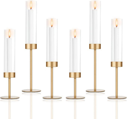 Set of 6 Gold Candle Holders, Tall Hurricane Candlestick Holders with Glass for Taper and Pillar Candles, Home Decor for Wedding, Christmas, Party, Anniversary, Dining Table