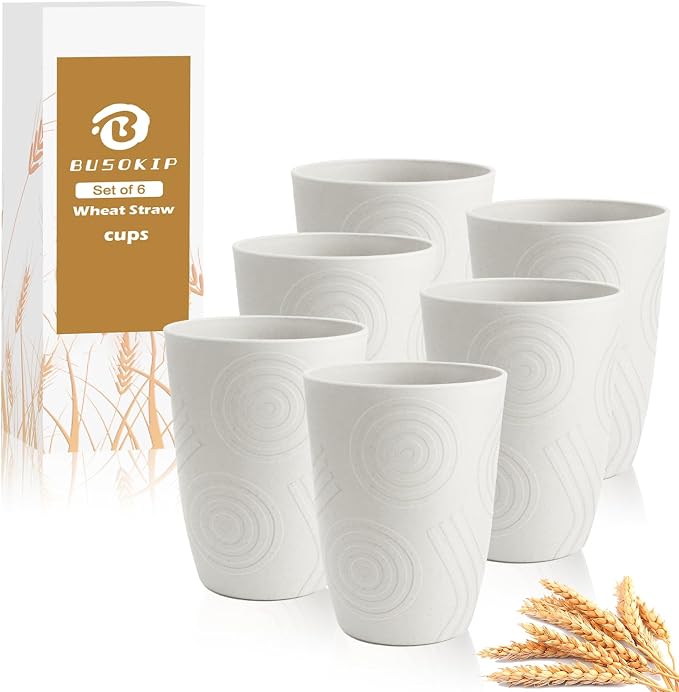12oz Kids Cups, Wheat Straw Cups Set of 6, Unbreakable Plastic Tumblers by BUSOKIP