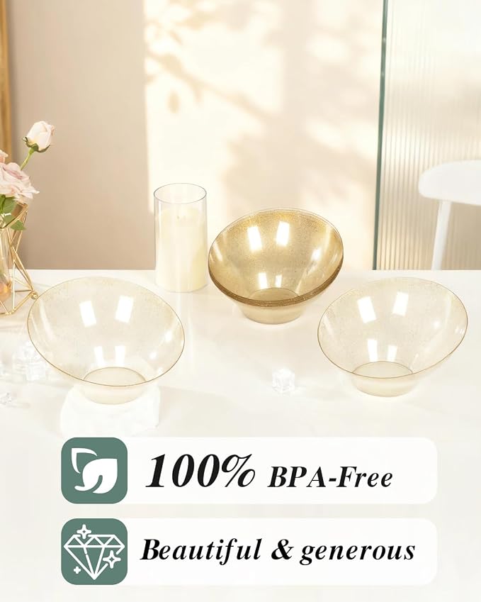 BESTVIP 20 Oz Clear with Gold Glitter Plastic Angled Serving Bowls, 12 Pack | - Image 4