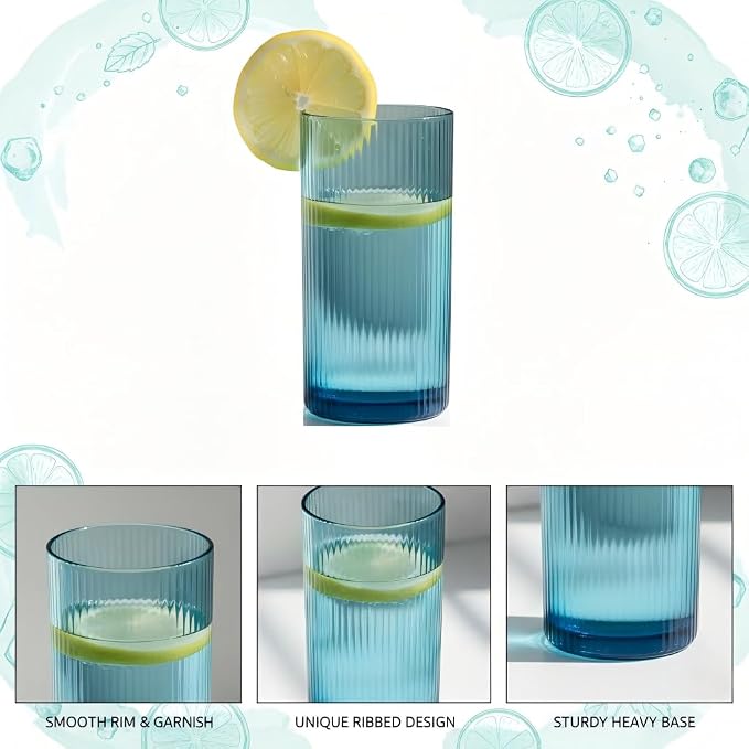 Physkoa Blue Ribbed Drinking Glasses Set of 6 – Vintage Embossed Highball - Image 3