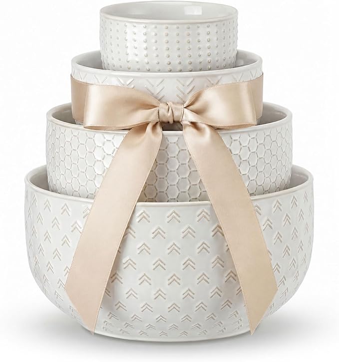 Lareina Ceramic Large Mixing Bowls Set of 4, 20/44/98/145 OZ, Ivory White | by Lareina