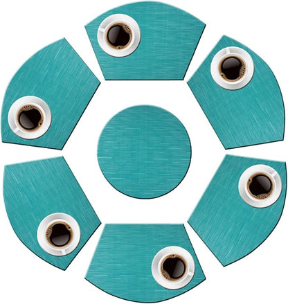 PIGCHCY Wedge Shaped Placemats Set of 6 with Centerpiece Round Mats Washable Kitchen Placemats Heat-Resistant Table Mats (Teal Blue)