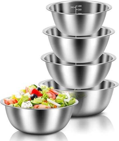 5 Pack Stainless Steel Bowls, Mixing Bowls Set with Scale Marks, 5 Different Size (4.5, 3,2,1.5,0.7QT) Nesting Baking Salad Bowls for Kitchen Cooking Baking(5)