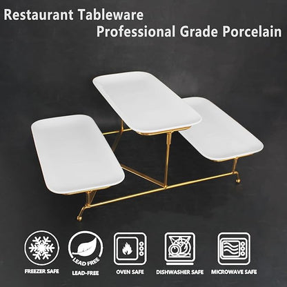 3 Tier Serving Trays for Party, 12.2 Inch Porcelain Serving Platters and Tiered Trays, Foldable Sturdy Gold Stand, for Food Display, Fruit, Cake Dessert, Decoration Entertaining, White