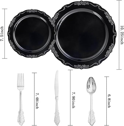 DaYammi 150 Pcs Black Silver Plastic Plates & Silver Plastic Silverware,Black silver Disposable plates for Include 30 Dinner Plate,30 Dessert Plate,30 Knives,30 Forks,30 Spoons for Party Wedding