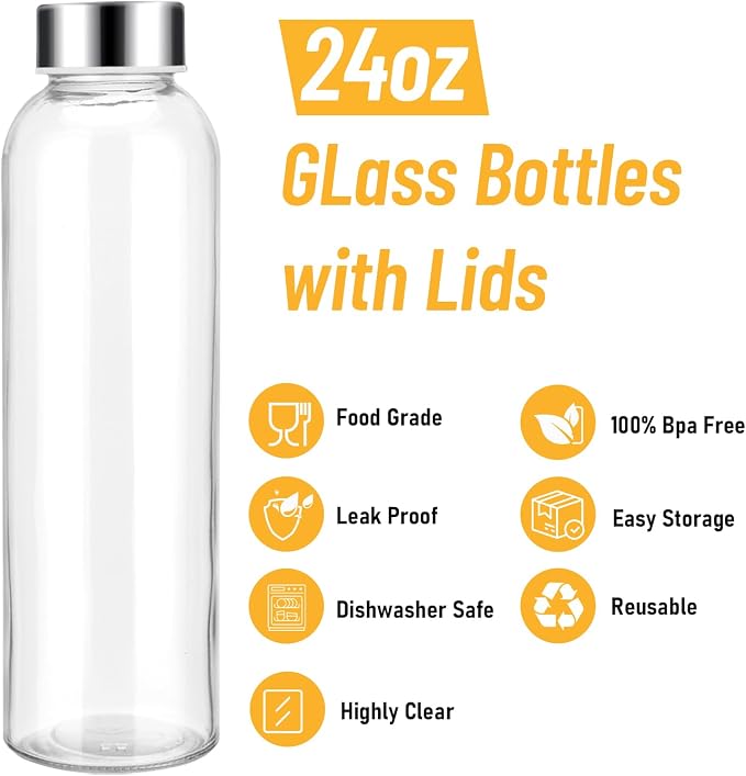 Sursip 24oz Glass Water Bottle Set of 6, Leak Proof Clear glass juice bottle - Image 3
