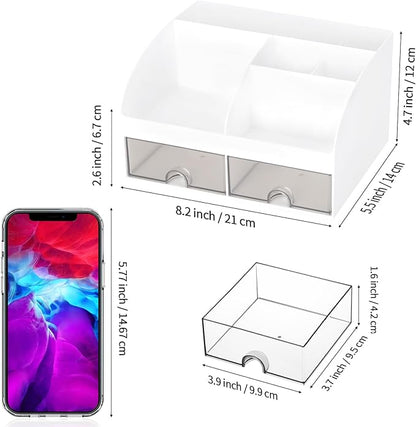 Office Desk Organizer with Drawers for Desktop/Tabletop/Counter, Desk Top Accessories Stationary Organizer Desk Caddy, Pen/Pencil/Business Card/Sticky Note Tray/Paperclip Holder Storage Box (White)