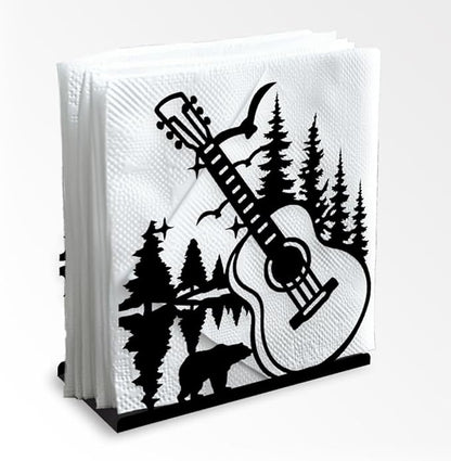 Guitar Forest Decorative Black Metal Napkin Holder for Table, 5.3" x 4.9" x 1.9" Music Tree Standing Napkin Holder for Home Kitchen Restaurant Picnic Party Coffee Bar Dining Room