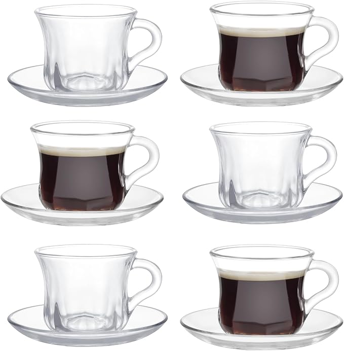 Glass Tea Cups and Saucers Set of 6, Dishwasher & Microwave Safe Teacups by GURUDAR