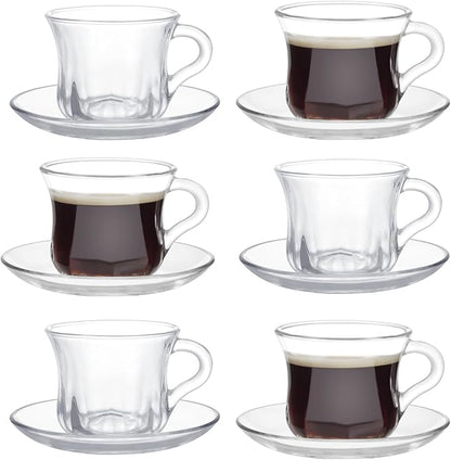 Glass Tea Cups and Saucers Set of 6, Dishwasher & Microwave Safe Teacups by GURUDAR