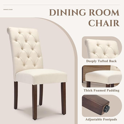 COLAMY Tufted Dining Chairs Set of 2, Accent Parsons Diner Chair Upholstered Fabric Stylish Kitchen Chairs with Solid Wood Legs and Padded Seat, Beige