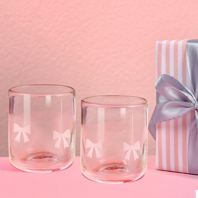 Skylety 2 Pack Coquette Pink Bow Icon Juice Glasses 14 oz Cute Glass Cups - Image 4
