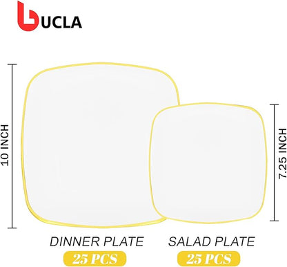 bUCLA 50PCS White and Gold Plastic Plates Disposable - Square Gold Heavy Duty - Include 25 Each (Dinner & Dessert) Plates for Party & Wedding