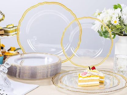 Hioasis 60pcs Clear Plastic Plates - Clear and Gold Disposable Dinnerware with Gold Rim, Heavy-duty, 7.5 inch, Dessert Plates for Party & Wedding