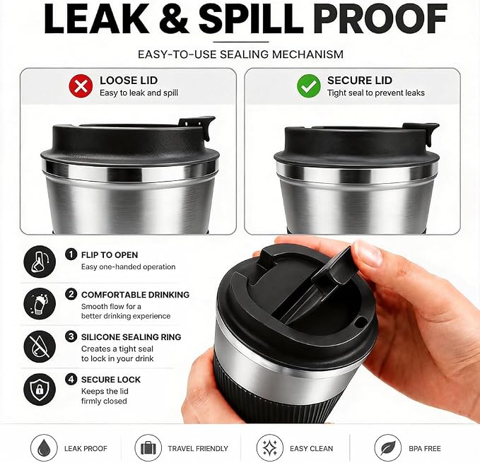 Coffee Mug with Leak Proof Lid, Travel Mug Stainless Steel Tumbler, Double Wall - Image 3
