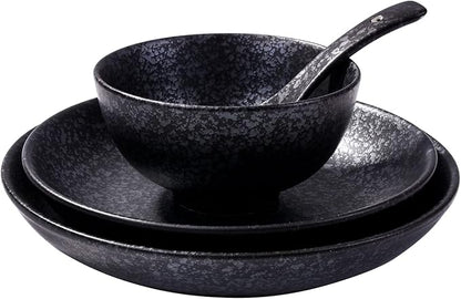 4-Piece Ceramic Dinnerware Set, Plate, Dish, Bowl, Spoon, Japanese Hand-painted Tableware set, A Good Tableware (Black)