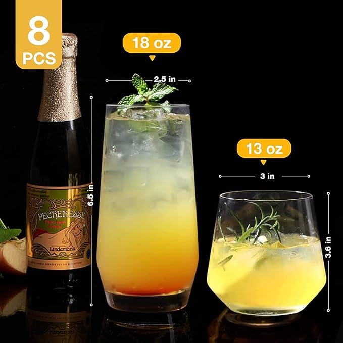 Mfacoy Drinking Glasses Set of 8-4 Tall Glass Cups 18 oz & 4 Short Stemless - Image 3