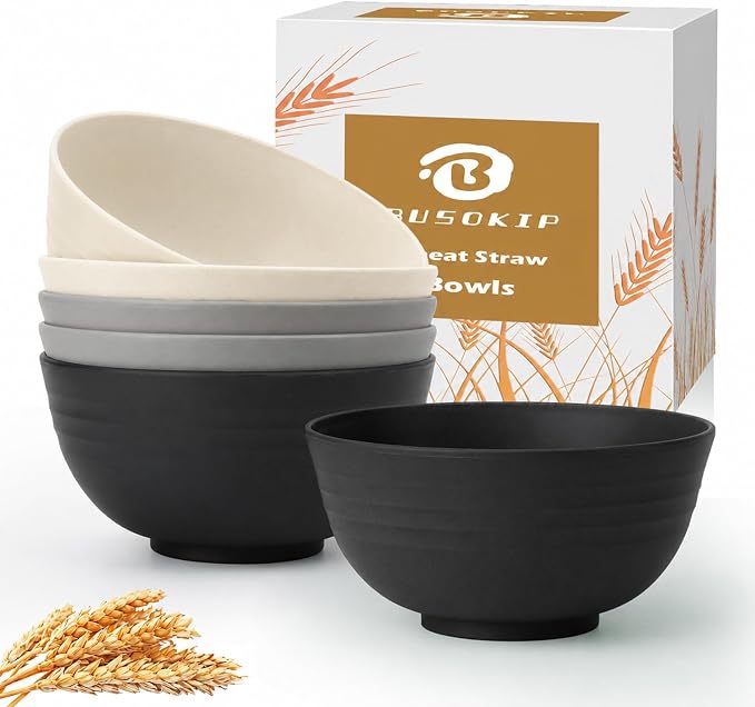 Wheat Straw Bowls Sets of 6, 26oz Plastic Bowl Reusable, Unbreakable Cereal Bowl by BUSOKIP