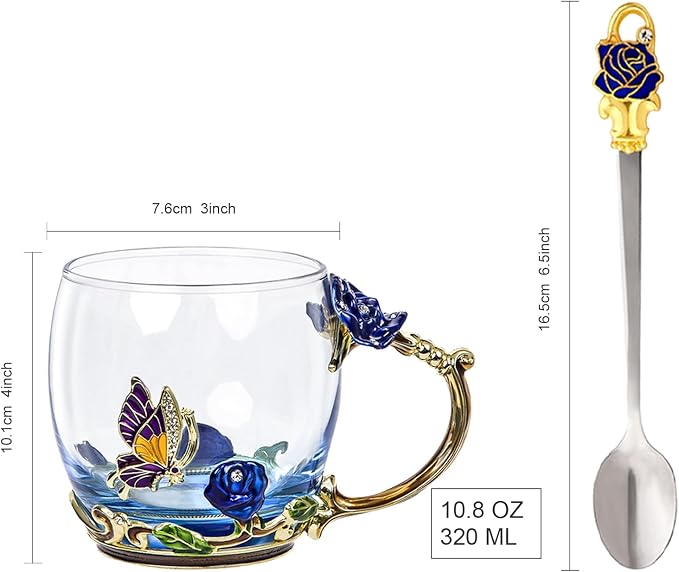 Flower Tea Cup, Butterfly Rose Clear Glass Fancy Coffee Mug - Image 2