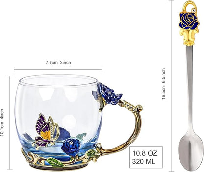 Flower Tea Cup, Butterfly Rose Clear Glass Fancy Coffee Mug - Image 2