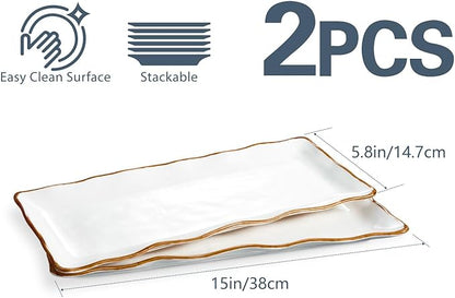 ONEMORE Large Serving Platters, 15 inch Serving Plates Set of 2, Ceramic Platters for Serving Food, Oven Safe Serving Trays and Platters for Entertaining Party, Creamy White