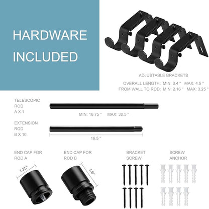 Curtain Rods for Windows 16 to 170 Inches Adjustable Length 1 Inch Diameter Window Curtain Rod with Aluminium Finials, Black