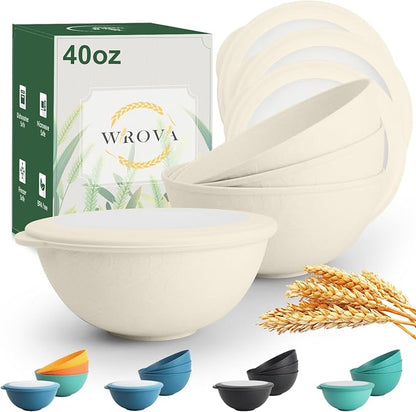 Wheat Straw Bowls with Lids Set of 4, Unbreakable Cereal Bowls 40oz, by WROVA