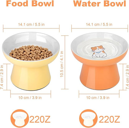 Elevated Cat Bowls,2 Pcs Ceramic Raised Cat Food Bowls with Non-Slip Base,Whisker-Friendly Shallow Design,Lead & Cadmium Free Pet Feeder,Dishwasher and Microwave Safe (Orange&Yellow)