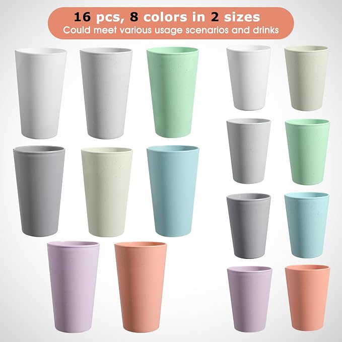 HEYCOME Set of 16 Wheat Straw Cups, Reusable Plastic Cups Sets, Water Glasses - Image 3