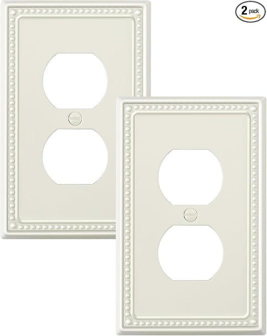 2-Pack Duplex Outlet Cover Plate, Light Almond Metal Wall Plates for Electrical Outlets, 1 Gang Receptacle Light Switch Cover, Pearls Decorative Switch Plates and Outlet Covers