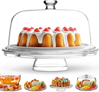 Royalty Art Cake Stand with Dome, 6-in-1 Multifunctional Glass Serving Platter for Cakes, Desserts, Fruits, Snacks, Pastries, Appetizers - Elegant Pedestal Display, Durable Italian-Made Glass - Made in Italy