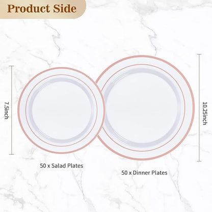 BESTVIP 100PCS Rose Gold Plastic Plate, Disposable Party Plates with 50 Dinner and 50 Dessert Plates, Plastic Plate for Party, Wedding and Birthday
