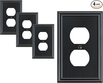 4-Pack Duplex Outlet Cover, Durable Solid Zinc Alloy Decorative Switch Plates and Outlet Covers, Black Wall Plates for Electrical Outlets, 1 Gang Receptacle Cover, Corrosion Resistant