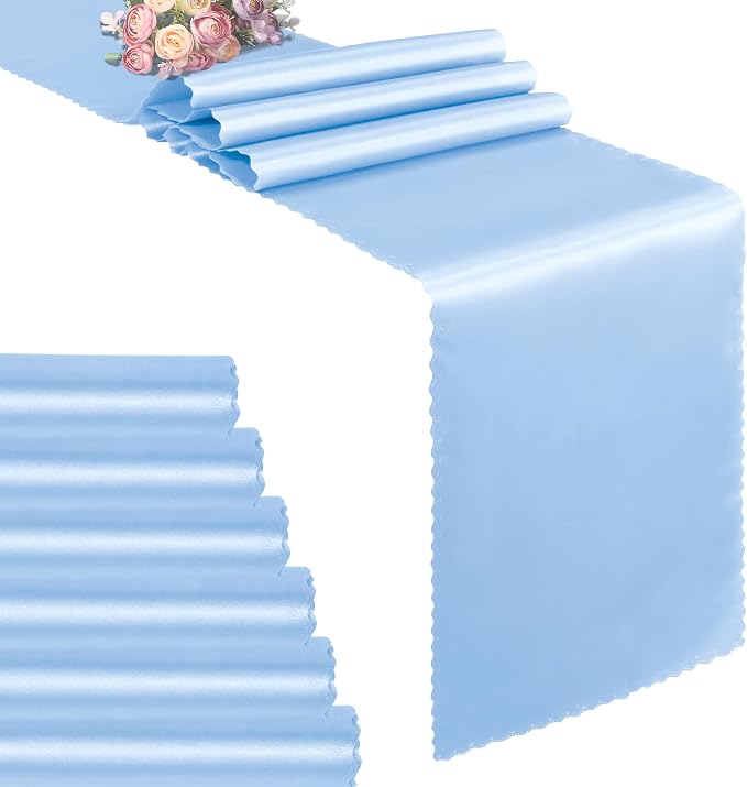 VACVELT Light Blue Satin Table Runners, 12x72 Inch, 6 Pack, Scalloped Edge | by VACVELT