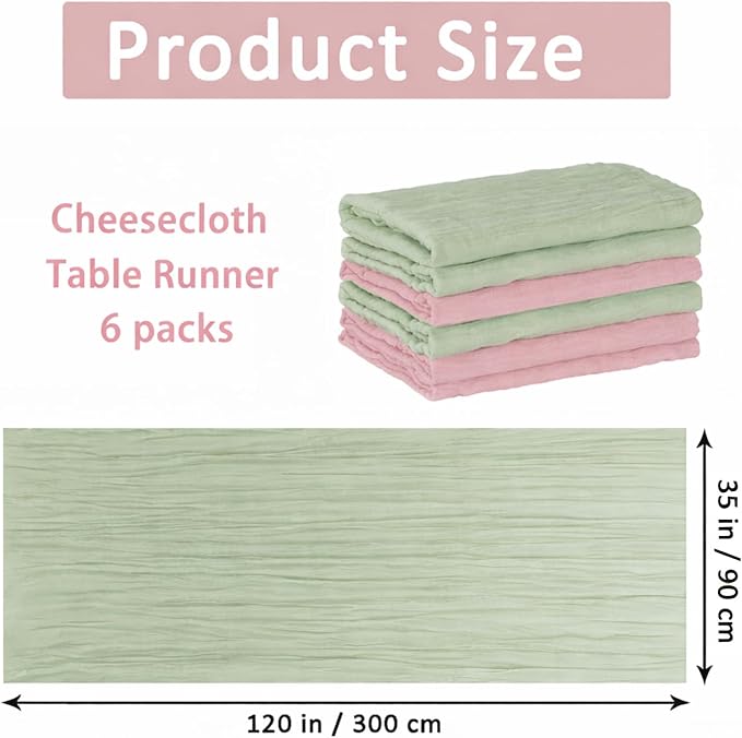 Cheesecloth Table Runner 6 Pack Sage Green and Dusty Pink, Boho Gauze Table - Image 2