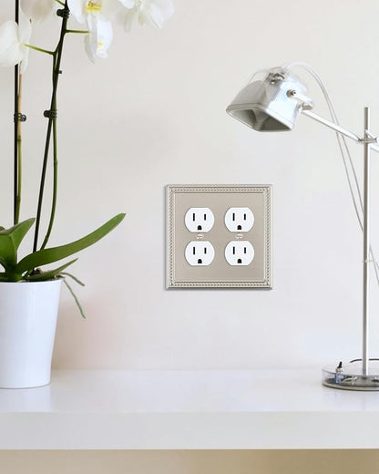 2-Pack Double Duplex Outlet Cover, Brushed Nickel Metal Switch Plates and Outlet Covers, Pearls Decorative Wall Plates for Electrical Outlets, 2 Gang Receptacle Cover, Corrosion Resistant