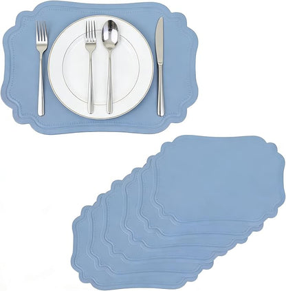 Faux Leather Placemats Set of 6 Waterproof,Blue PU Leather Placemat for Dining Table,Wipeable Eco-Friendly Kitchen Table Mats Heat Resistant Anti Slip Washable,Modern Table Protectors