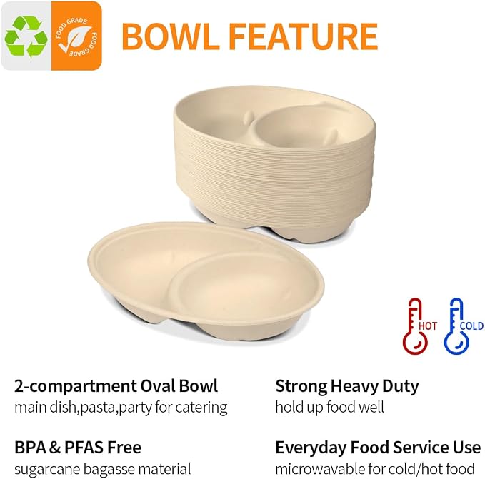 2 Compartment Oval Paper Bowls 100 Pack - Image 4