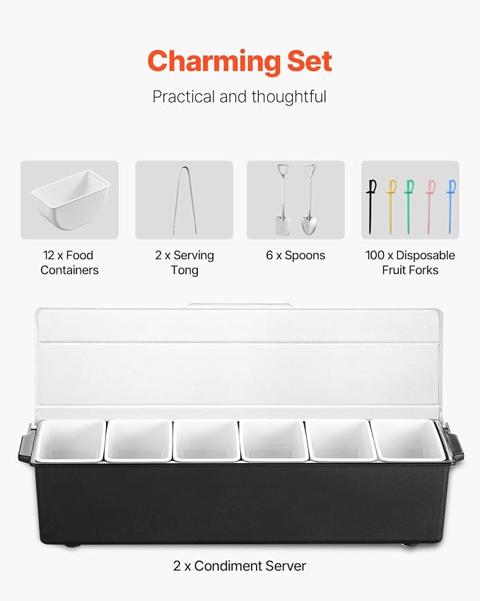 VEVOR Ice Cooled Condiment Serving Container, 6 Compartments Chilled Server - Image 6