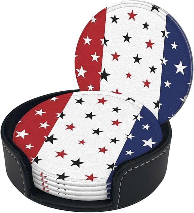 6 Pcs 4th of July Stars Blue Red White Leather Coasters - Image 3