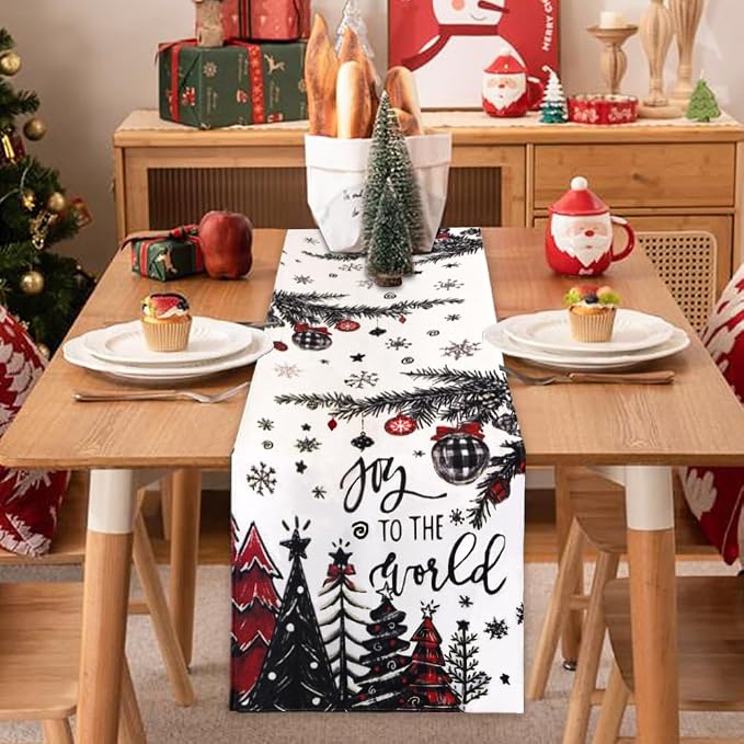 Christmas Winter Table Runner, Christmas Tree Ball Tabletop Runners Xmas Joy to - Image 7