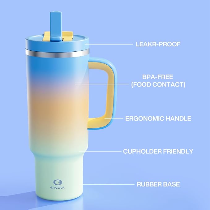 ENCOOL 40 oz Tumbler with Handle and Straw: Stainless Steel Insulated Tumbler - Image 6