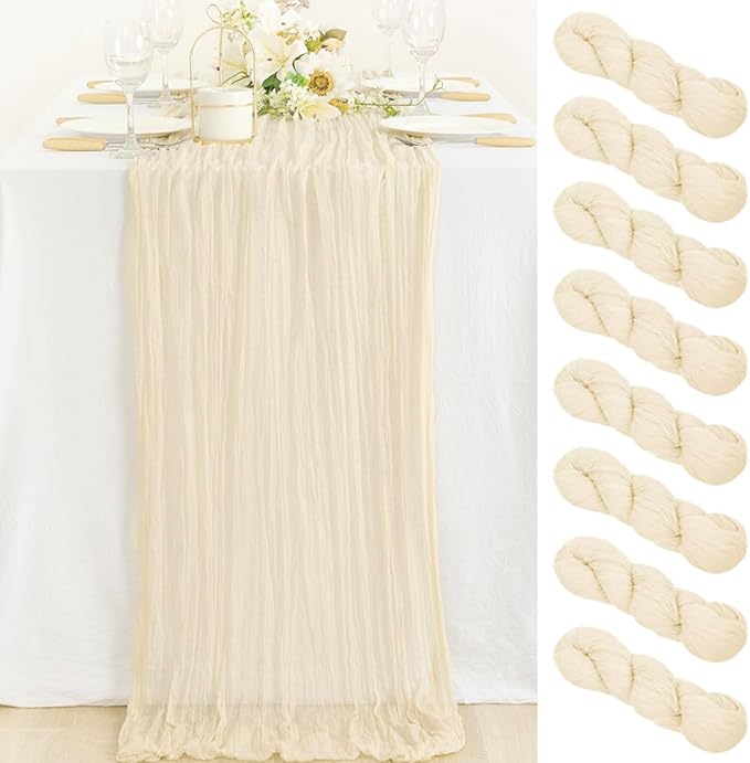 8 Pack Beige Cheesecloth Table Runner 10ft Boho Rustic Gauze Runner | by MLMC