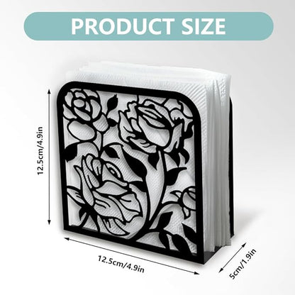 Rose Flower Decorative Black Metal Napkin Holder for Table, 4.9" x 4.9" x 1.9" Standing Napkin Holder for Home Kitchen Restaurant Picnic Party Coffee Bar Dining Room