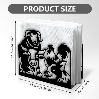 Farm Animals Decorative Black Metal Napkin Holder for Table, 5.3" x 4.5" x 2" Pig Sheep Chickens Cow Standing Napkin Holder for Home Kitchen Restaurant Picnic Party Coffee Bar Dining Room