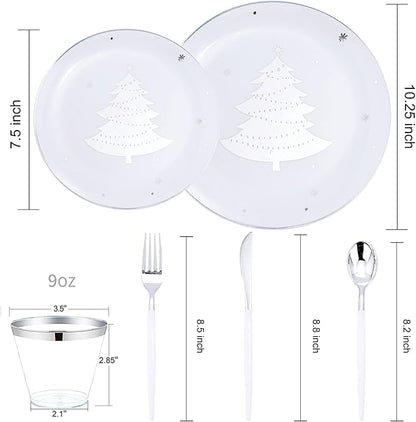 bUCLA 150PCS Christmas White and Silver Plastic Plates for 25 Guests - Include 25 Each (Dinner & Dessert) Plates, 25 Cups, 25 Knives, 25 Forks, 25 Spoons